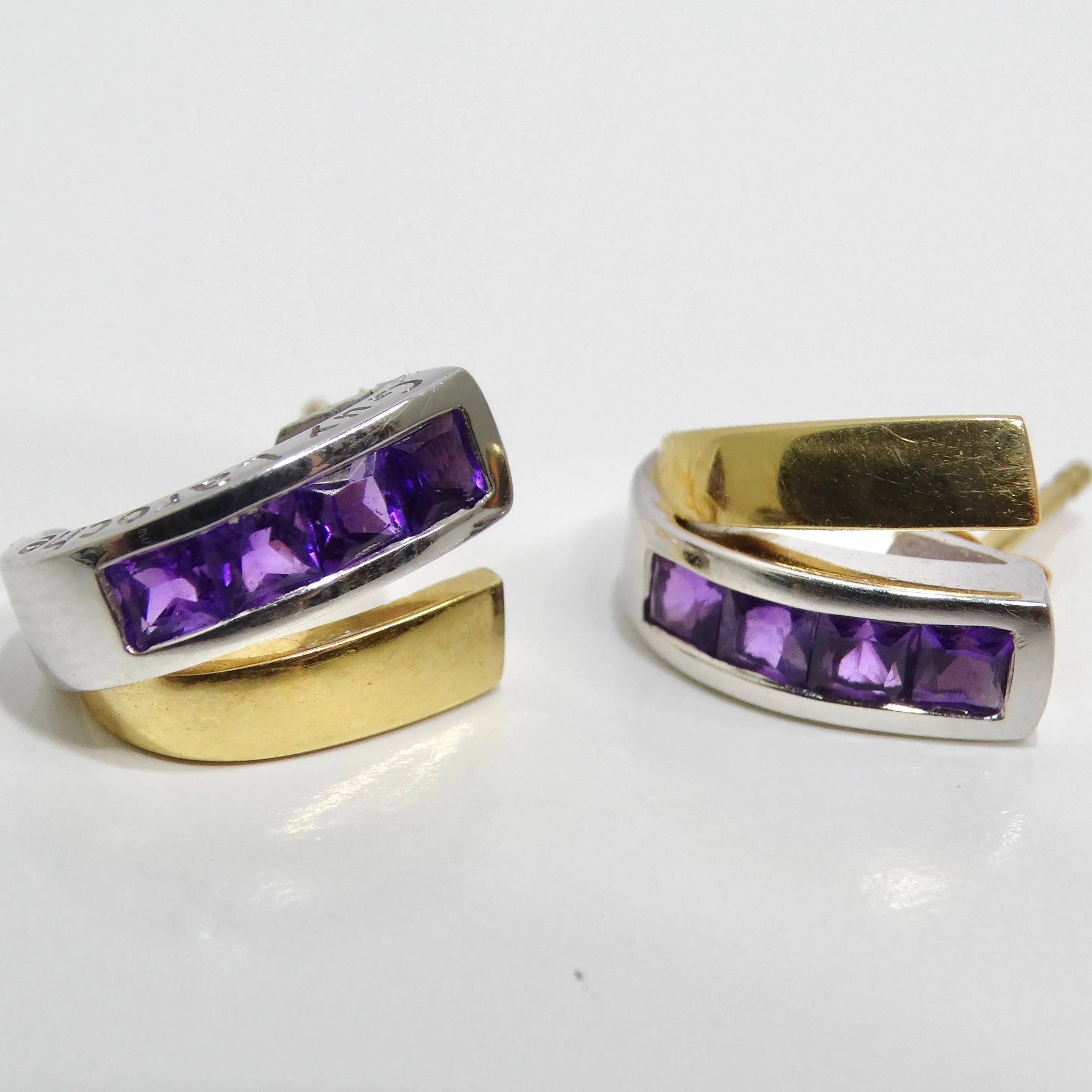 18K Two Tone Gold Amethyst Stud Earrings