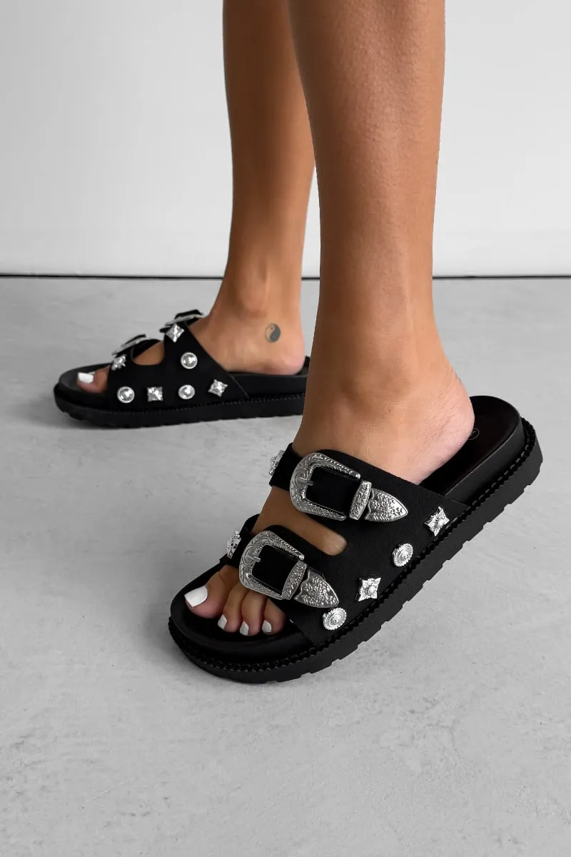 AMI Chunky Studded Western Buckle Sandals - Black/Silver