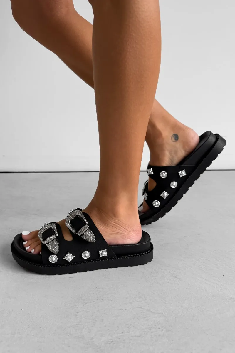 AMI Chunky Studded Western Buckle Sandals - Black/Silver