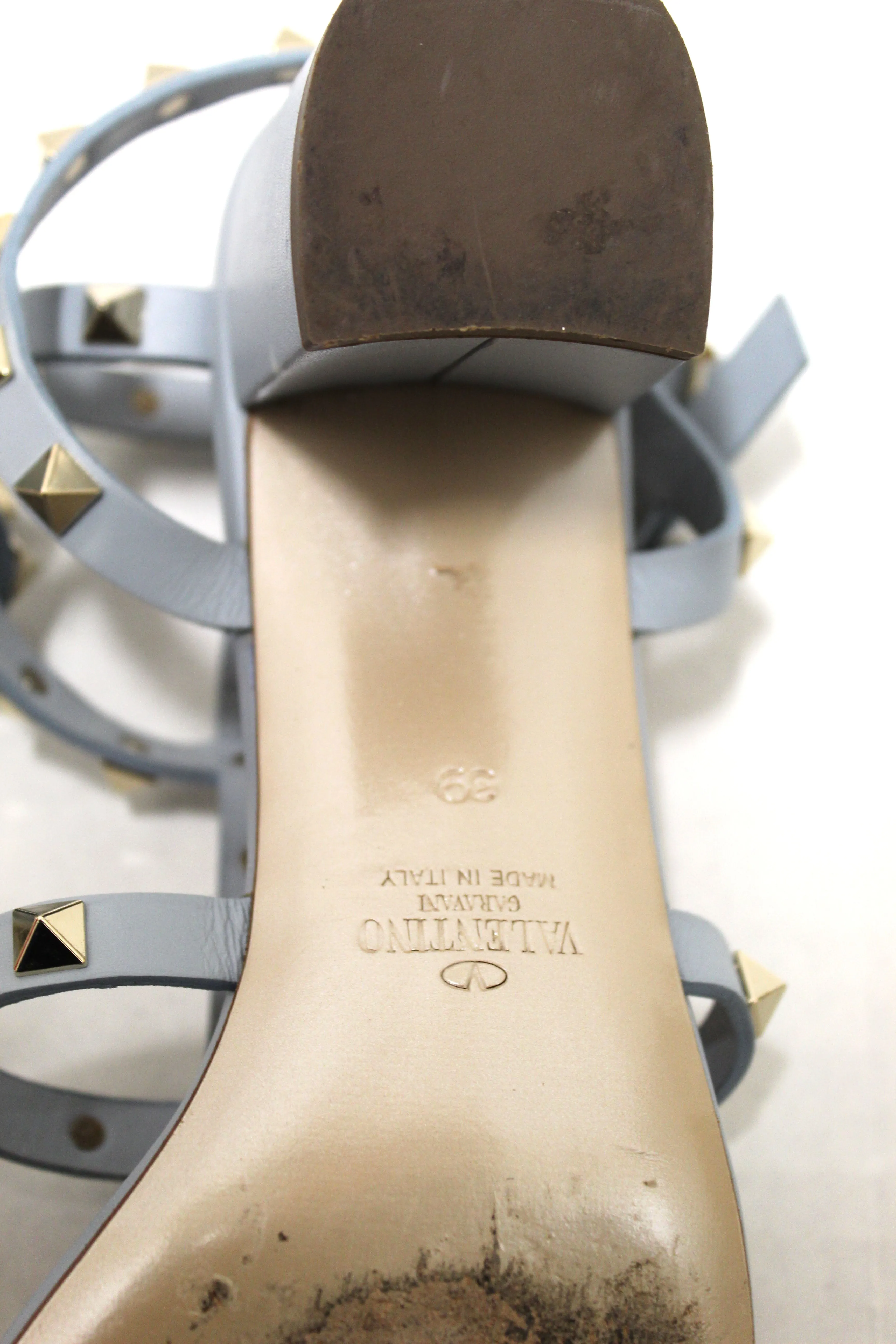 Authentic Valentino Sky Blue Leather Rockstud Ankle Strap Sandals Shoes 60mm Size 39