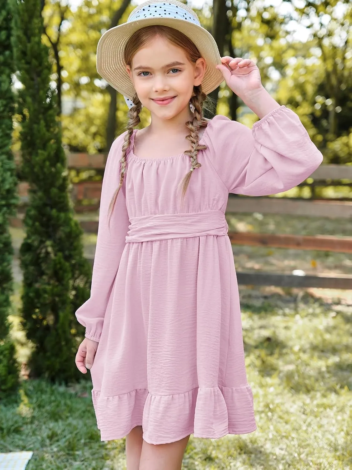 Batermoon Girls Long Sleeve Tie Back Dress Kids Fall Square Neck A-Line Mini Dresses 5-14 Years