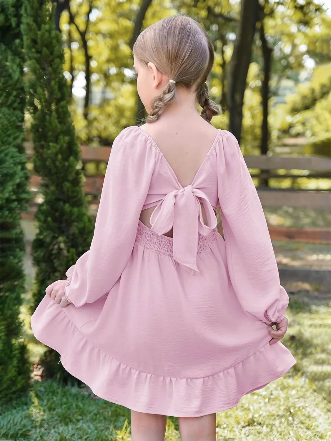 Batermoon Girls Long Sleeve Tie Back Dress Kids Fall Square Neck A-Line Mini Dresses 5-14 Years