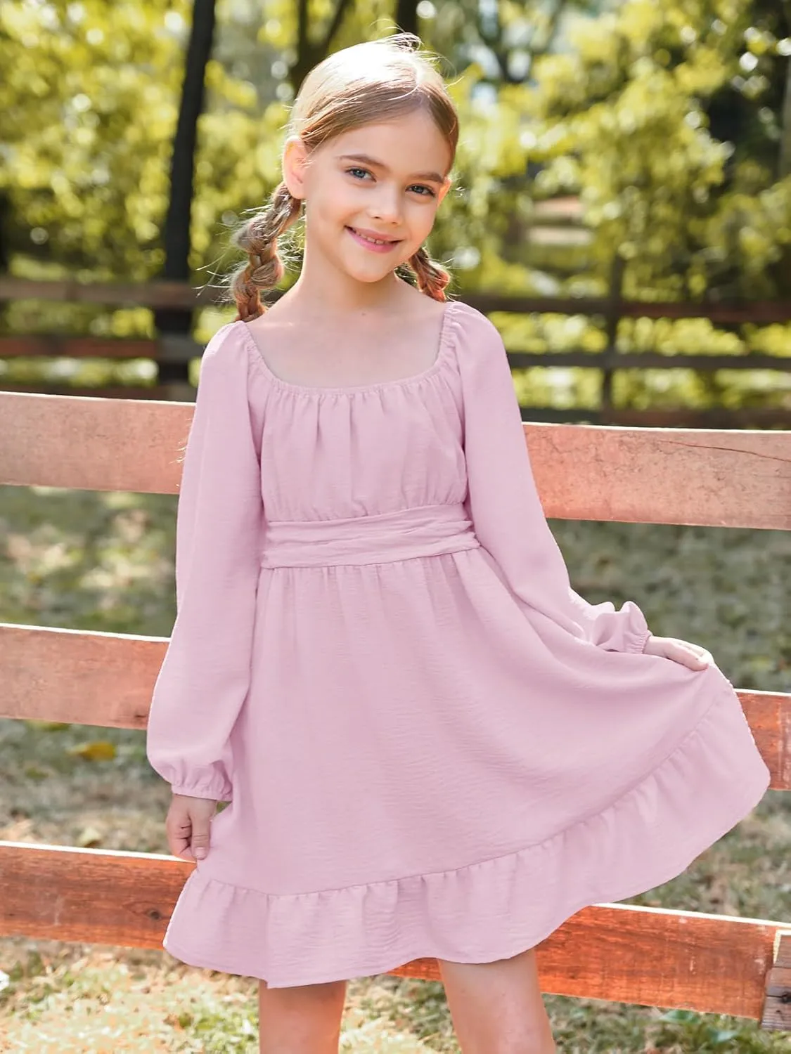 Batermoon Girls Long Sleeve Tie Back Dress Kids Fall Square Neck A-Line Mini Dresses 5-14 Years