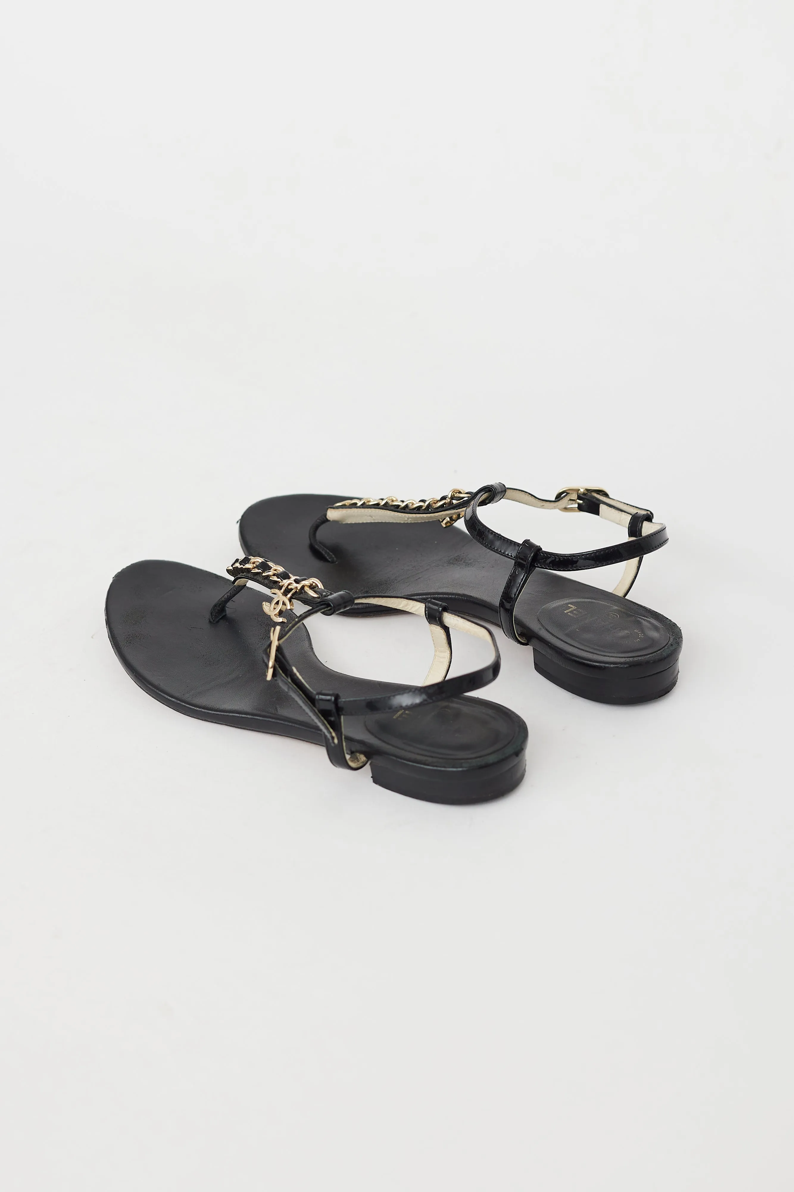 Black & Gold Chain CC T-Strap Sandal