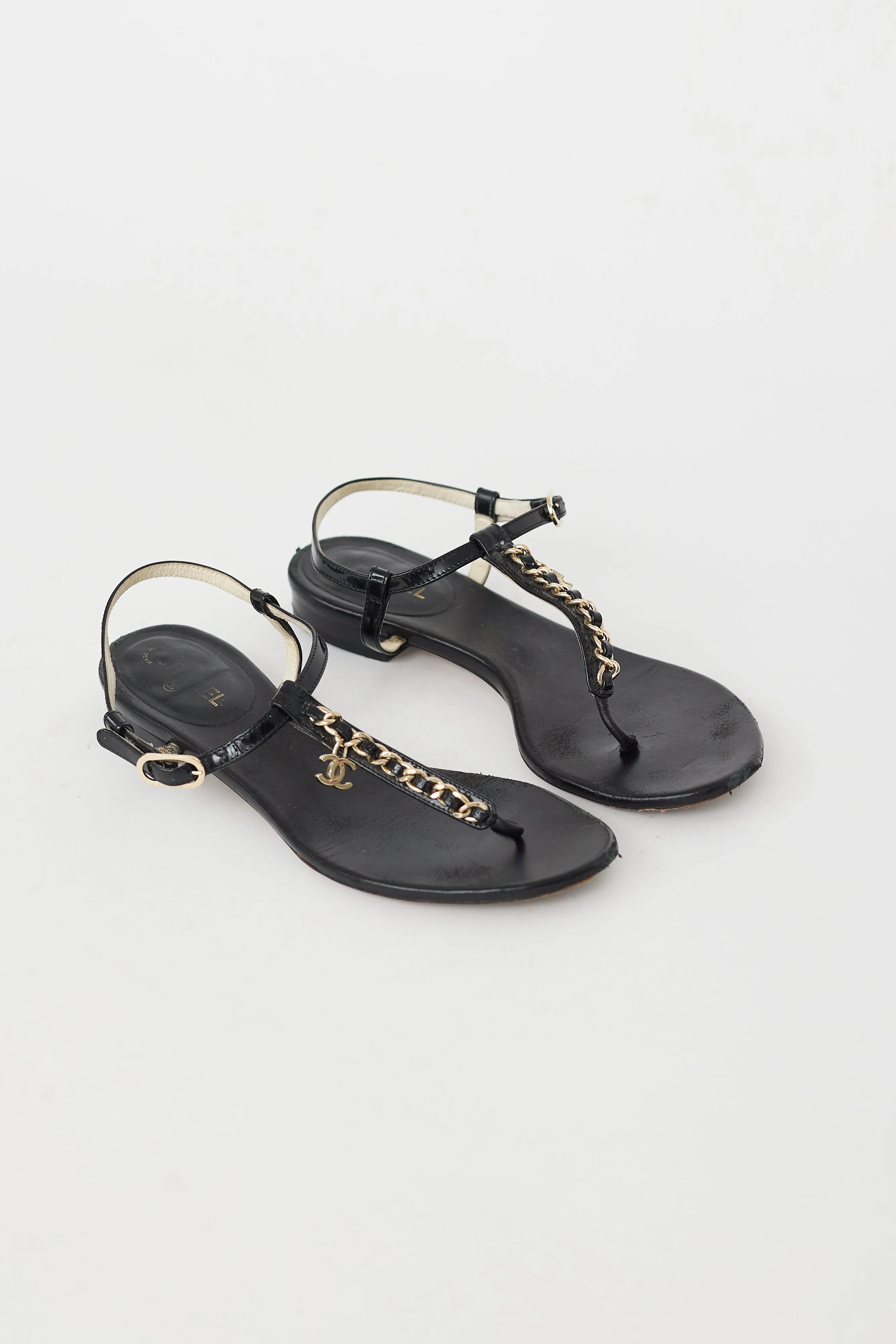 Black & Gold Chain CC T-Strap Sandal