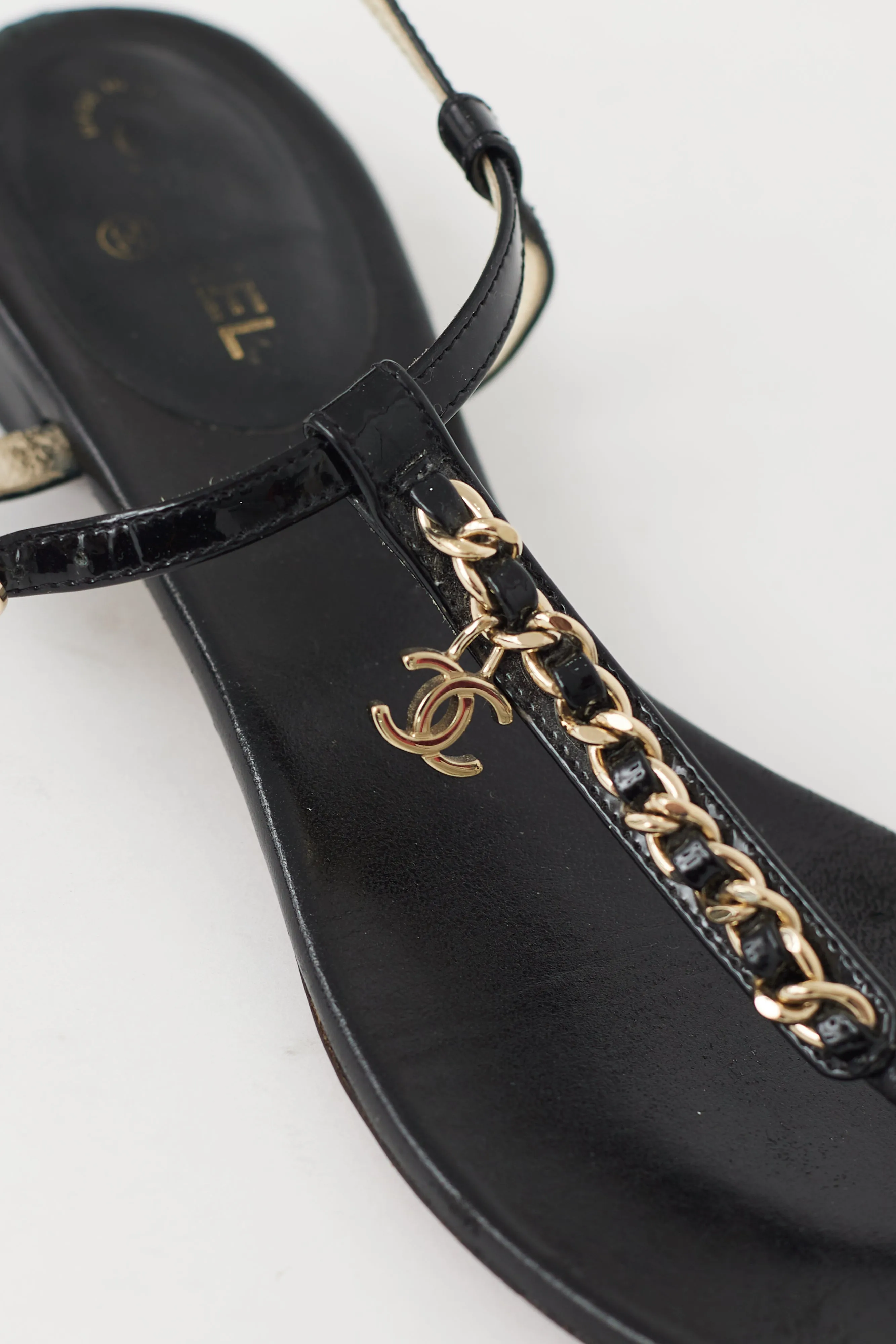 Black & Gold Chain CC T-Strap Sandal