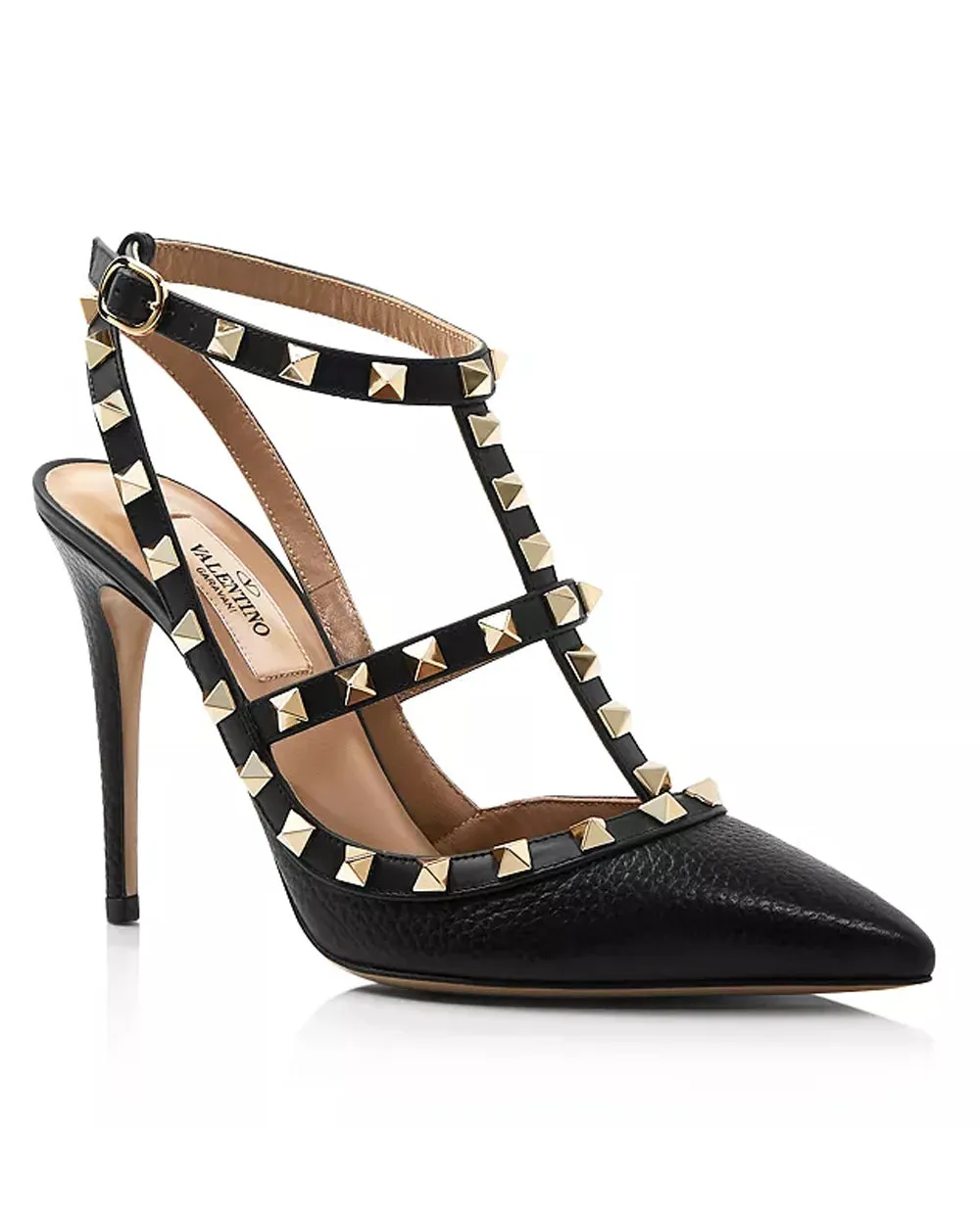 Black and Gold Rockstud Ankle Strap Pump