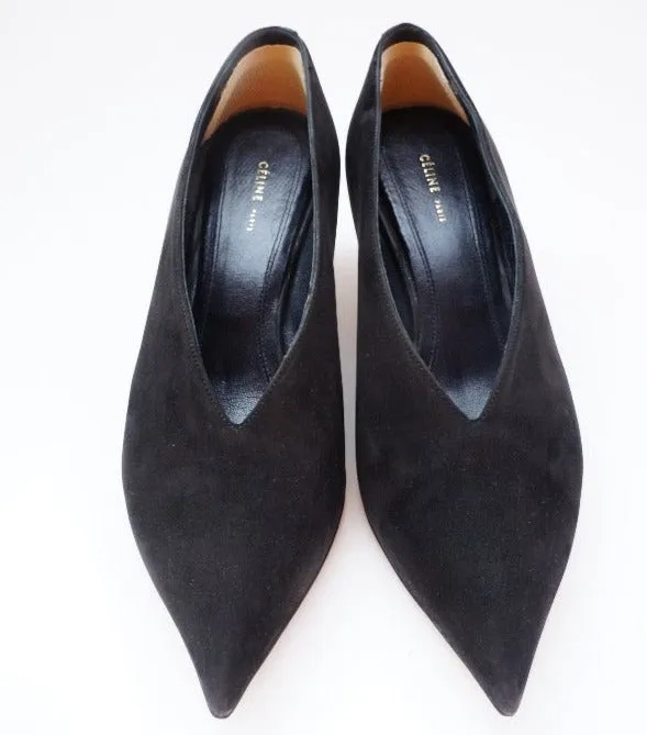 Celine Suede Pumps Black Pointed-Toes Kitten Heels