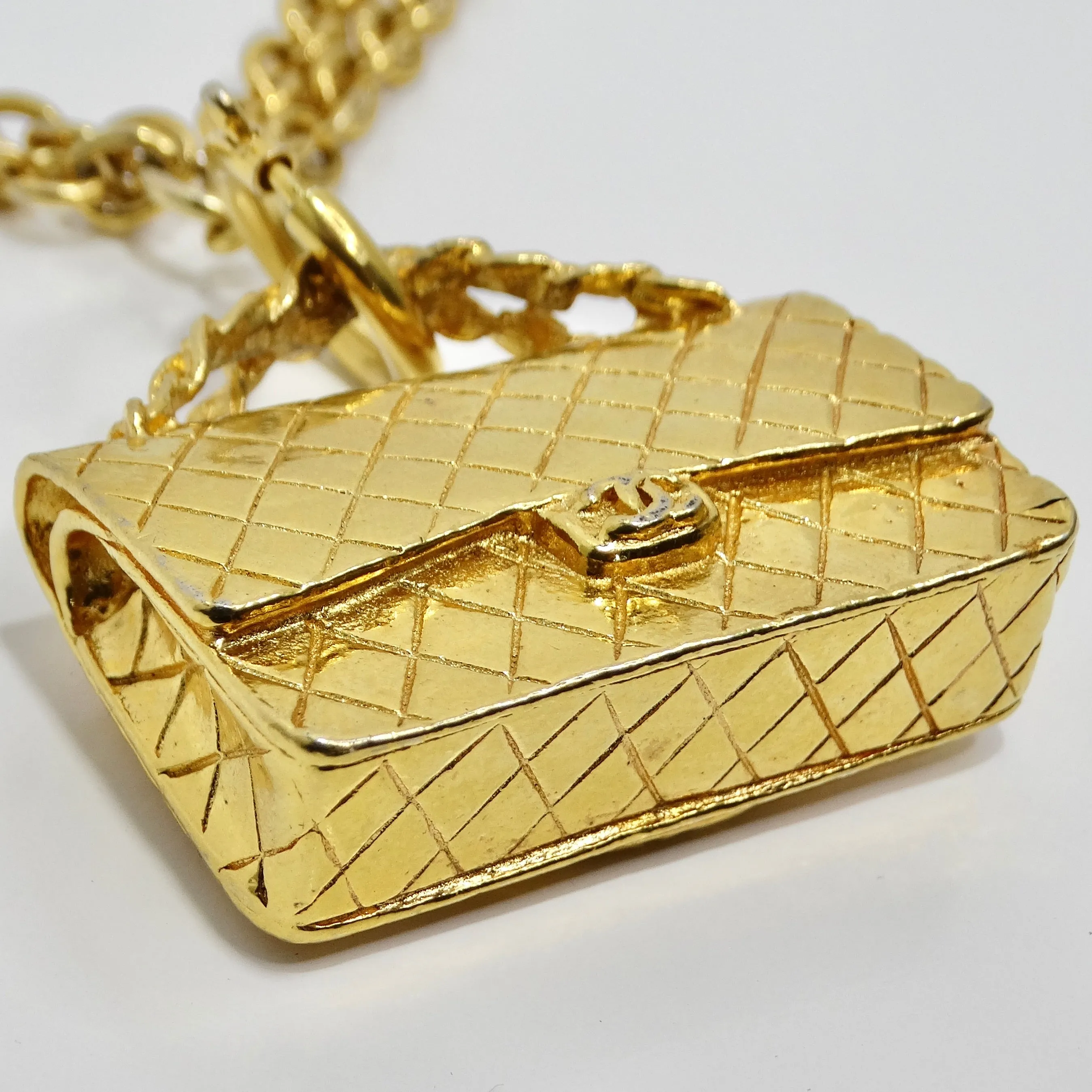 Chanel 1980s Gold Tone Flap Bag Necklace