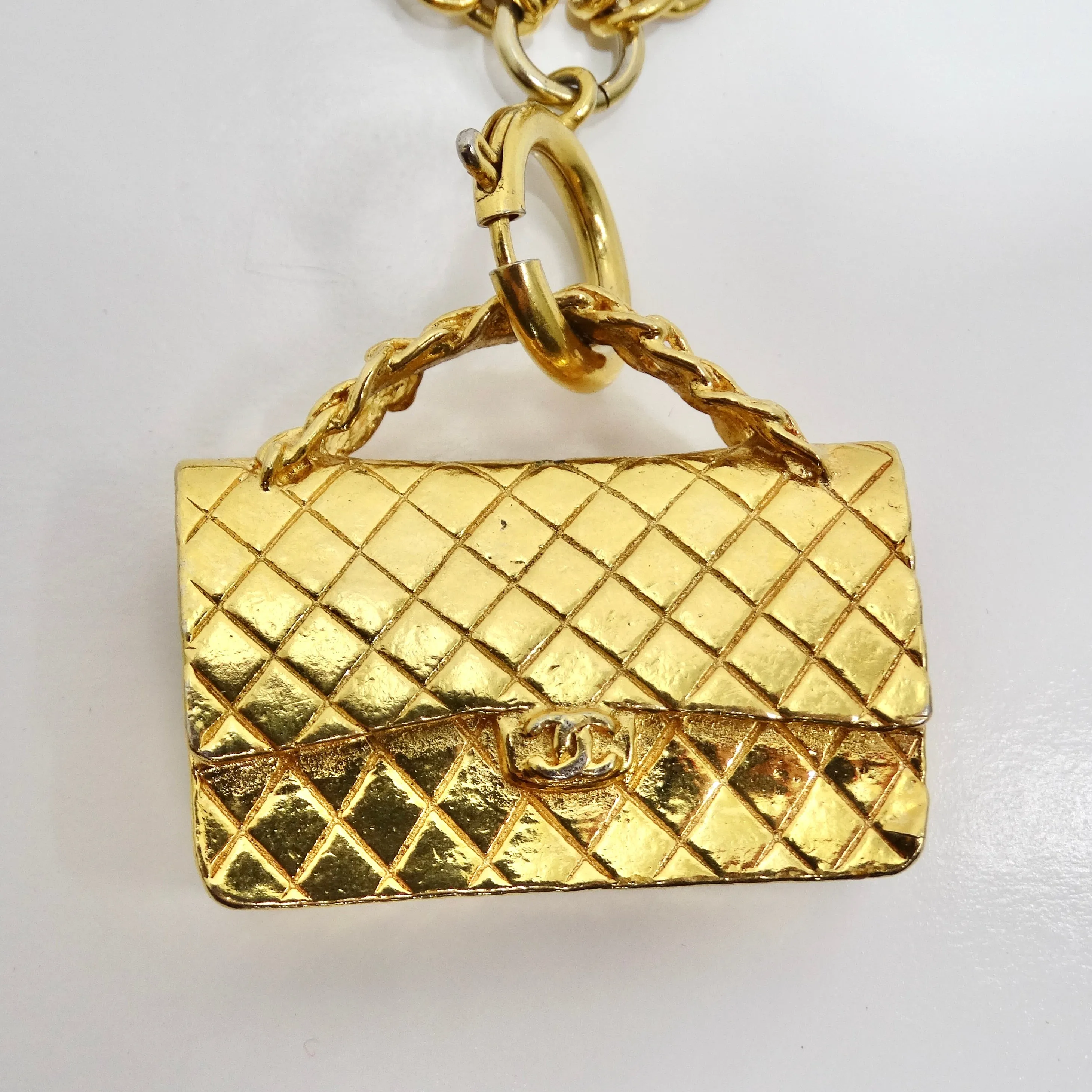 Chanel 1980s Gold Tone Flap Bag Necklace