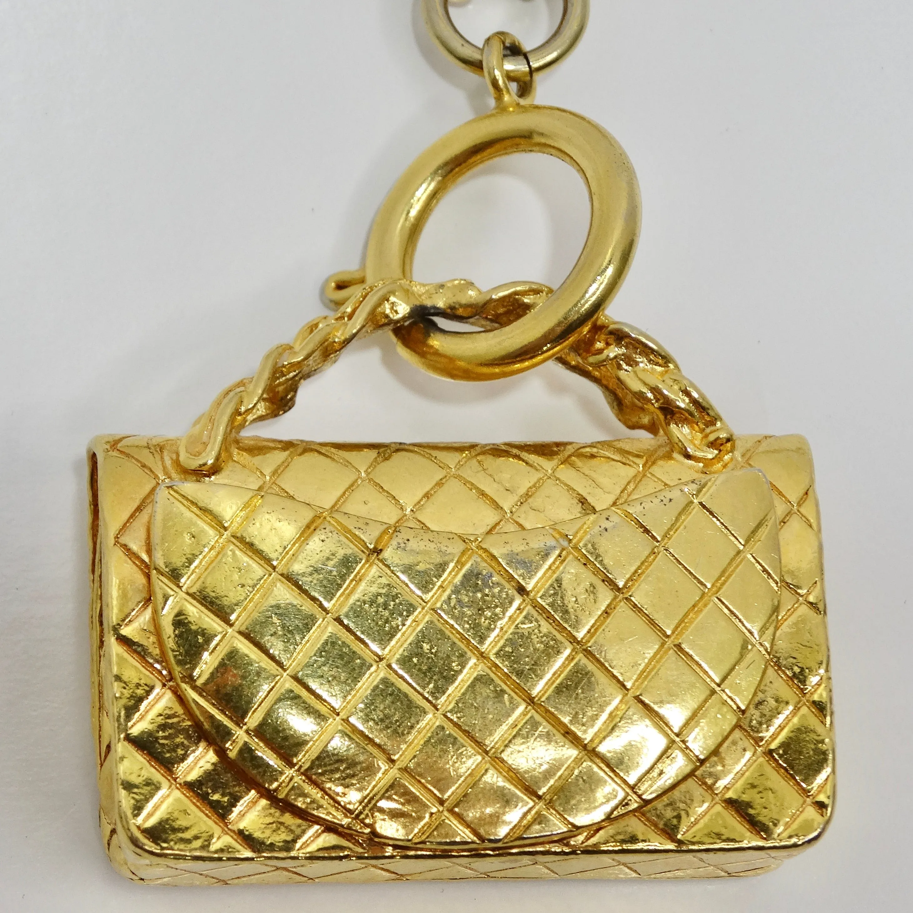 Chanel 1980s Gold Tone Flap Bag Necklace