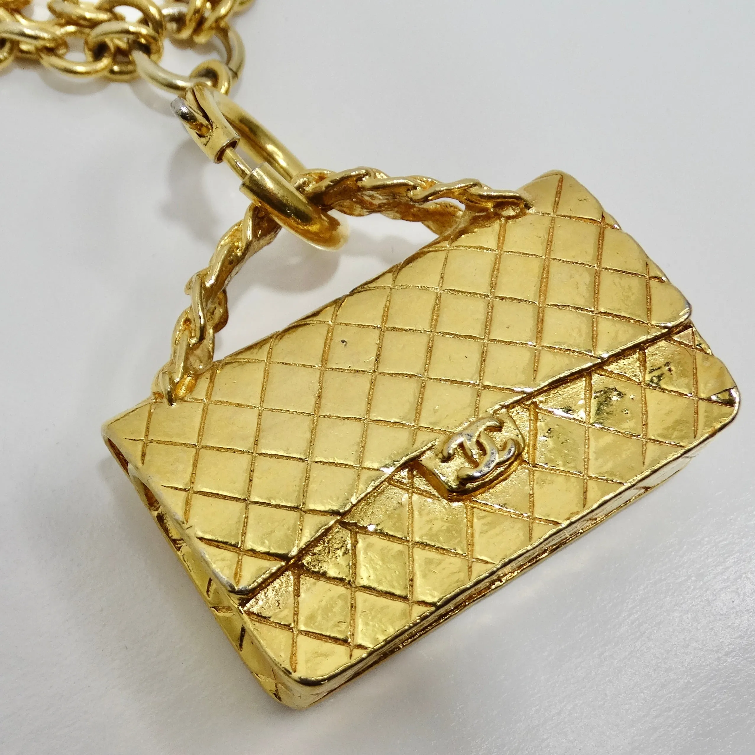 Chanel 1980s Gold Tone Flap Bag Necklace