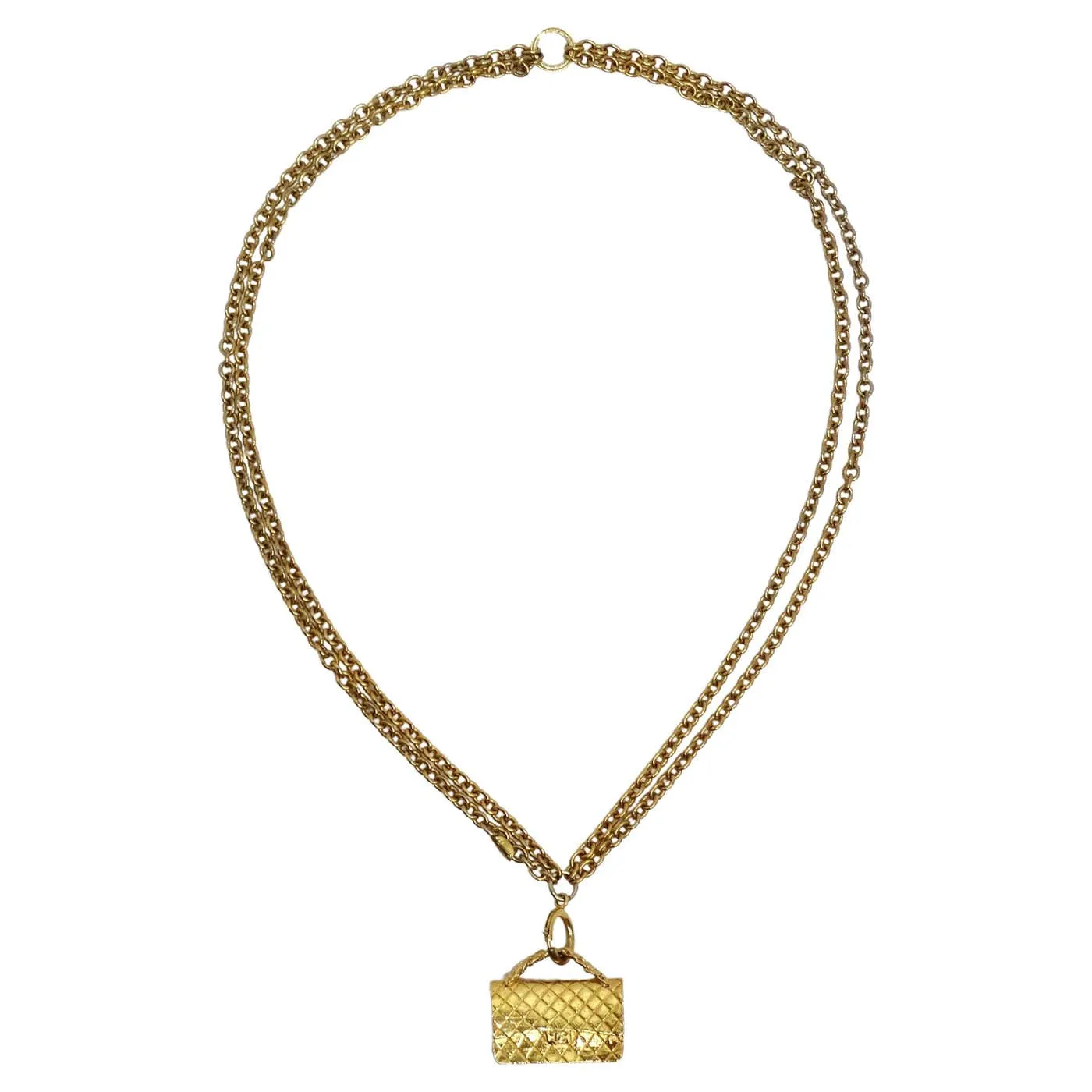 Chanel 1980s Gold Tone Flap Bag Necklace