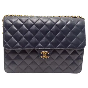 Chanel 1980s Single Flap Navy Leather Handbag