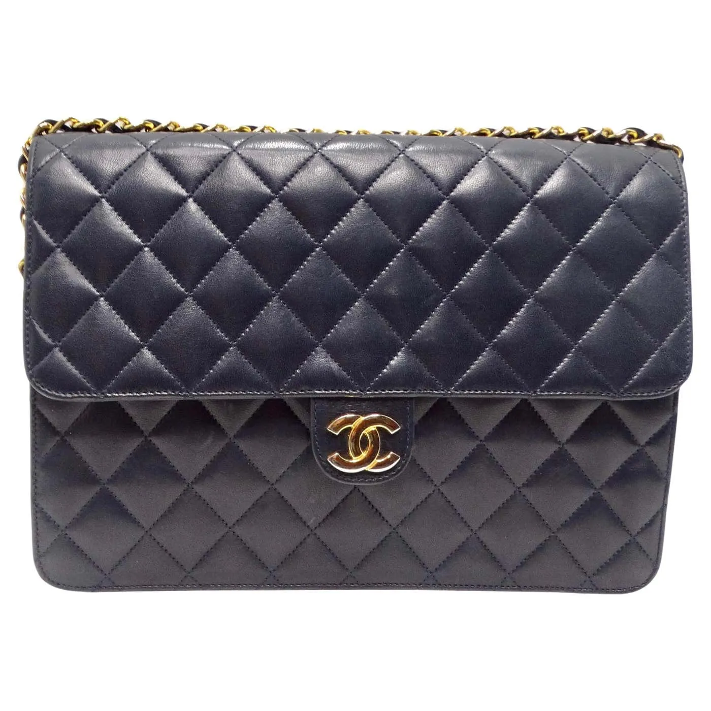 Chanel 1980s Single Flap Navy Leather Handbag