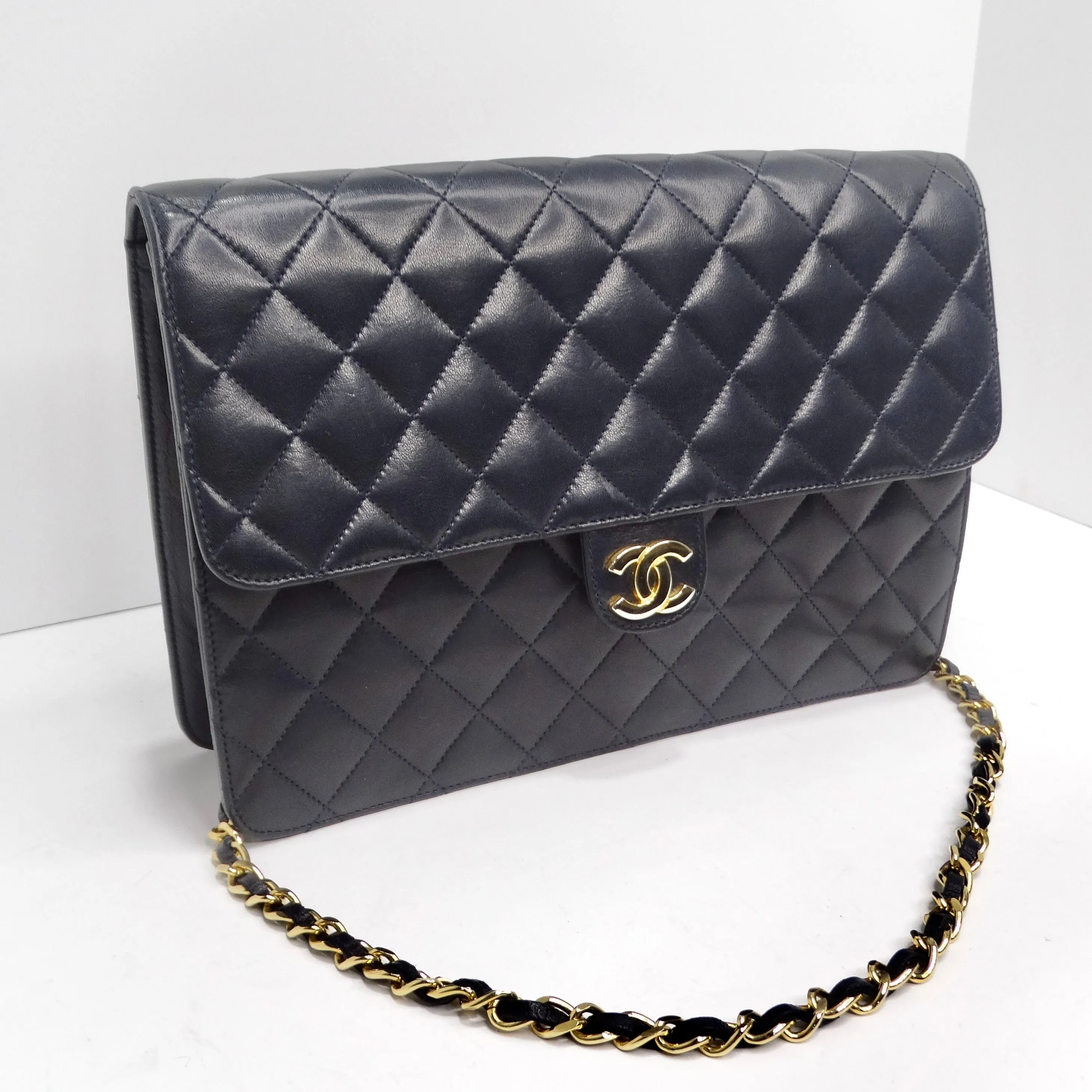 Chanel 1980s Single Flap Navy Leather Handbag