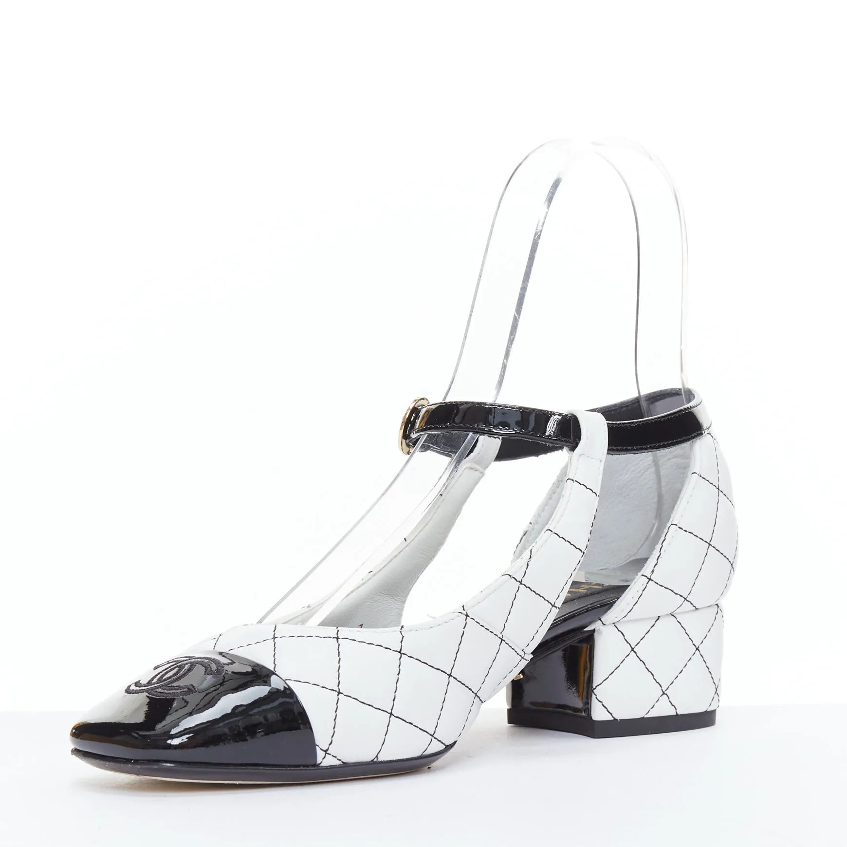 CHANEL 2022 black white quilted topstitch patent cap toe maryjane heels EU36.5