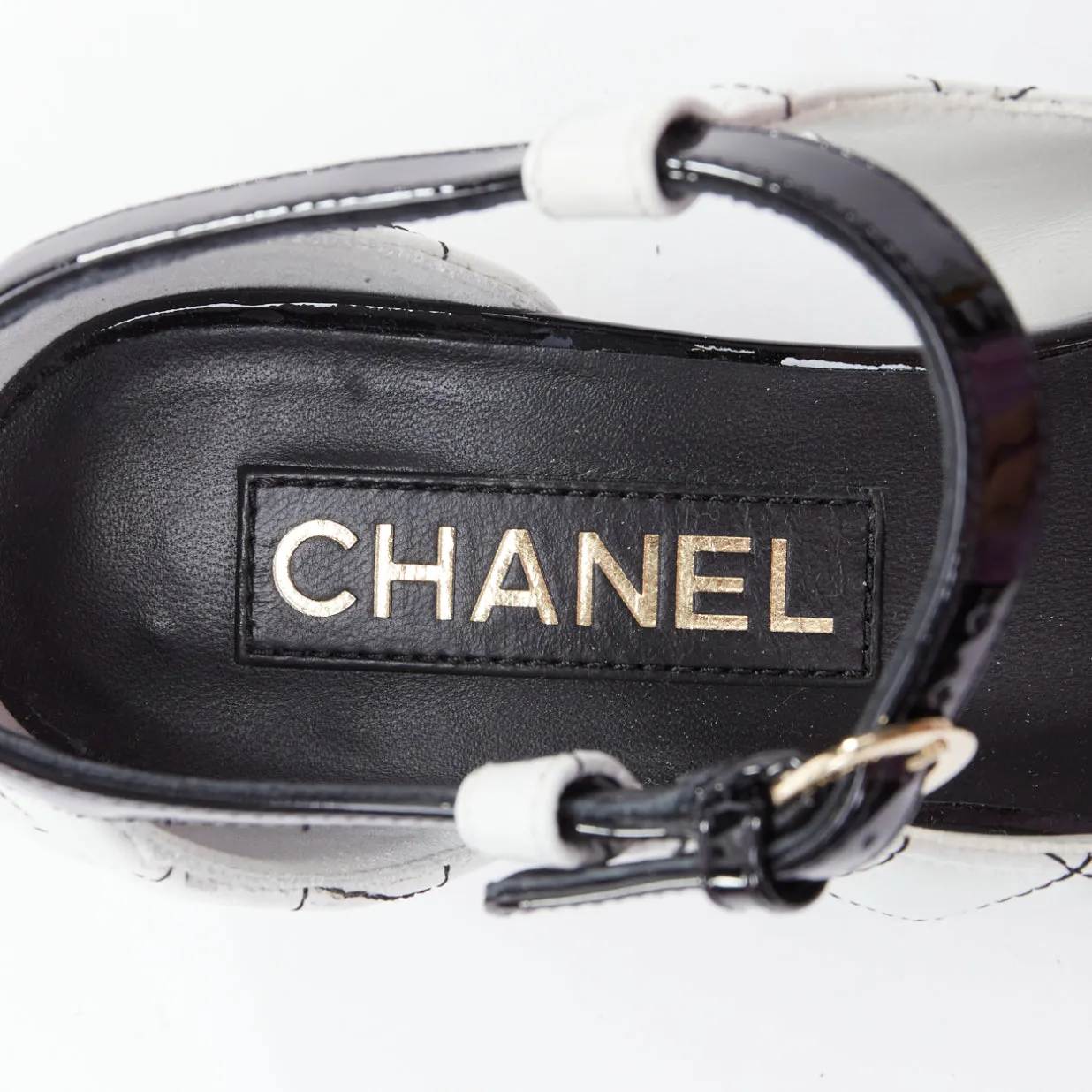 CHANEL 2022 black white quilted topstitch patent cap toe maryjane heels EU36.5