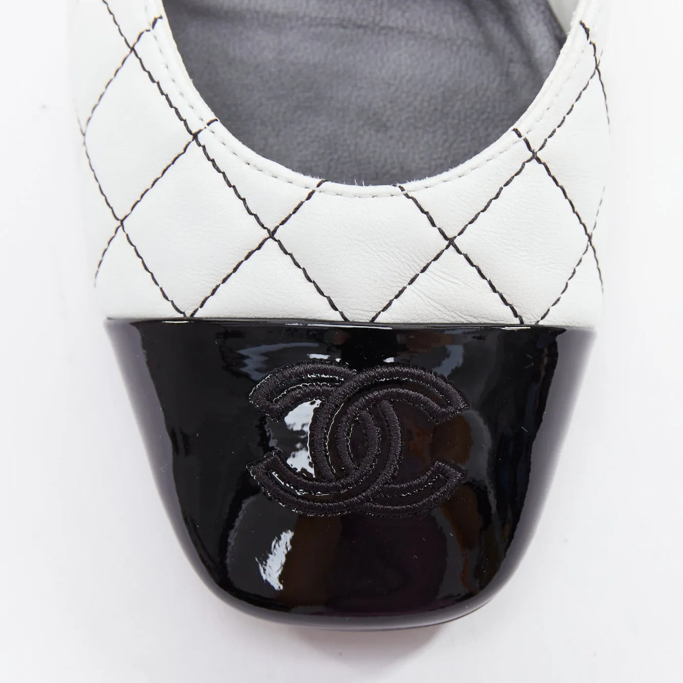 CHANEL 2022 black white quilted topstitch patent cap toe maryjane heels EU36.5