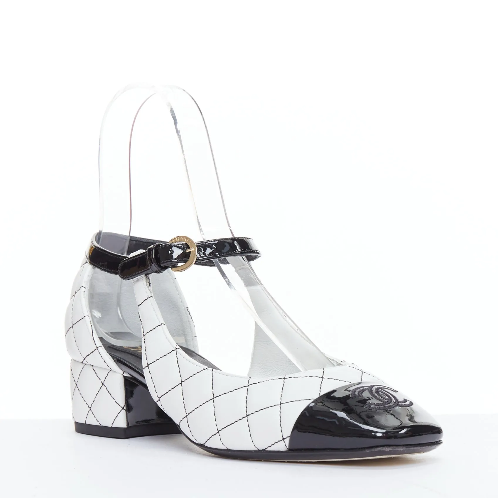 CHANEL 2022 black white quilted topstitch patent cap toe maryjane heels EU36.5