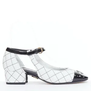 CHANEL 2022 black white quilted topstitch patent cap toe maryjane heels EU36.5