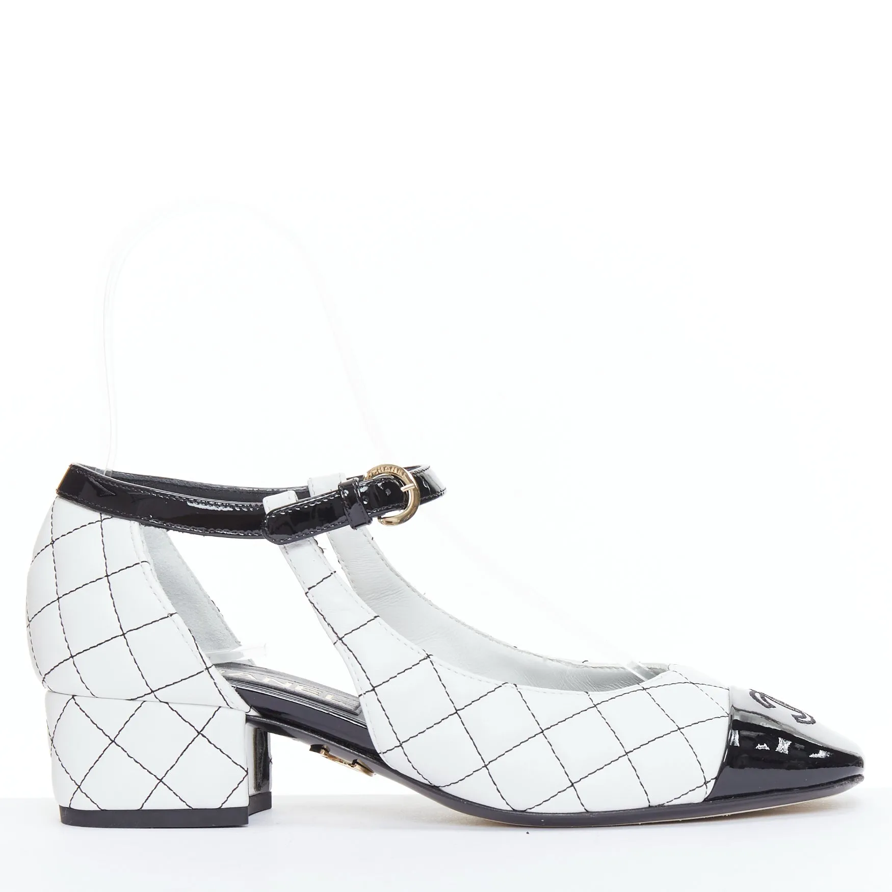 CHANEL 2022 black white quilted topstitch patent cap toe maryjane heels EU36.5
