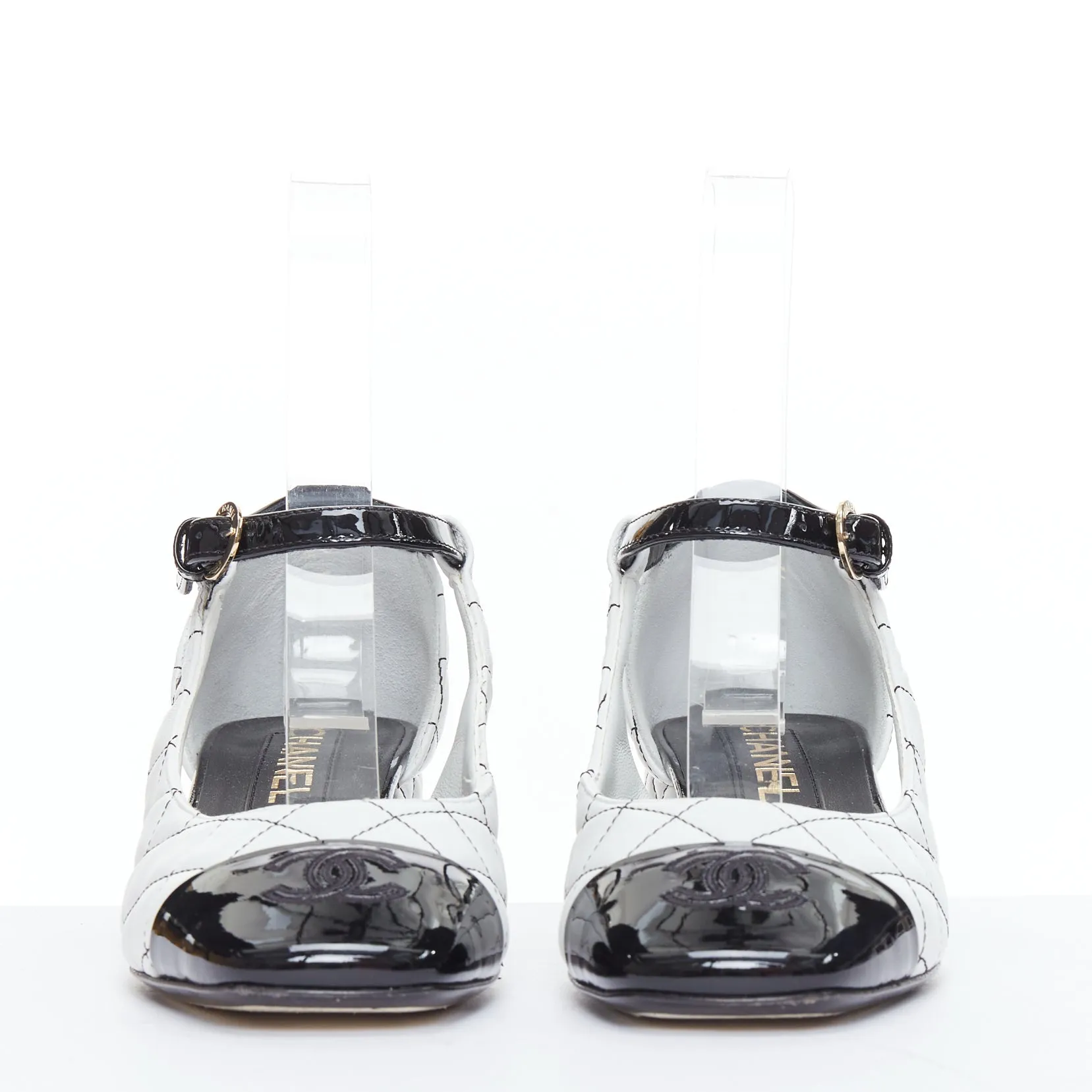 CHANEL 2022 black white quilted topstitch patent cap toe maryjane heels EU36.5