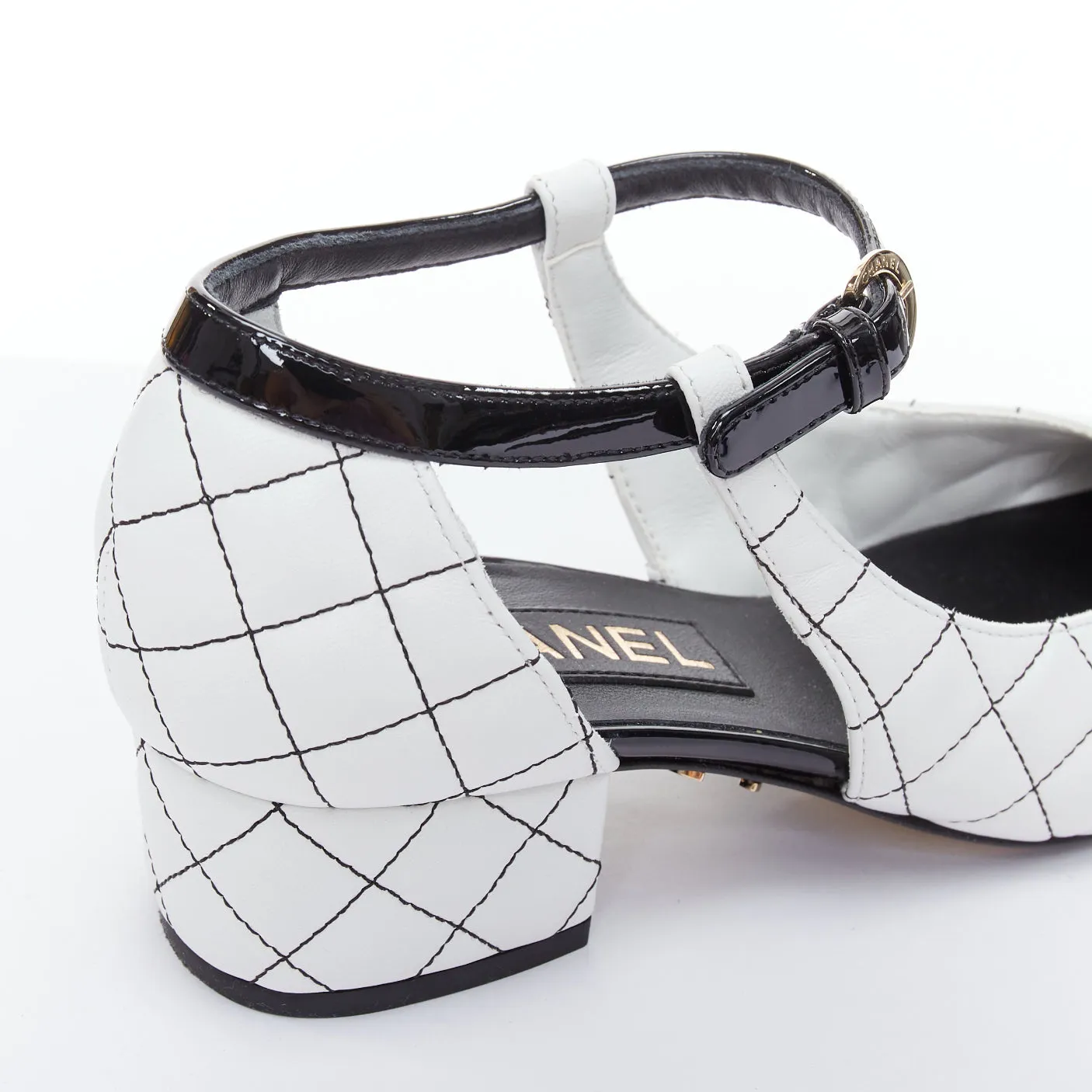 CHANEL 2022 black white quilted topstitch patent cap toe maryjane heels EU36.5