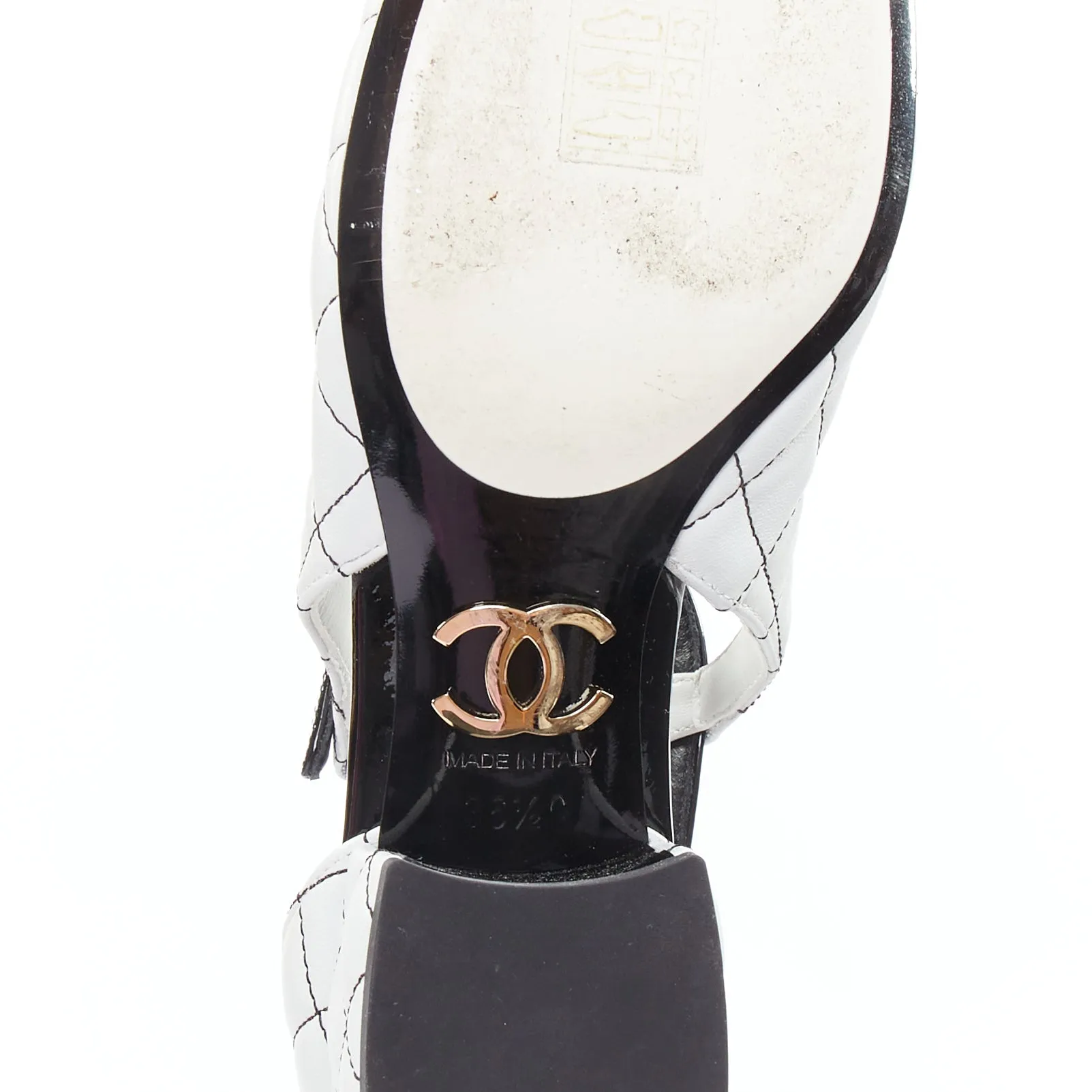 CHANEL 2022 black white quilted topstitch patent cap toe maryjane heels EU36.5