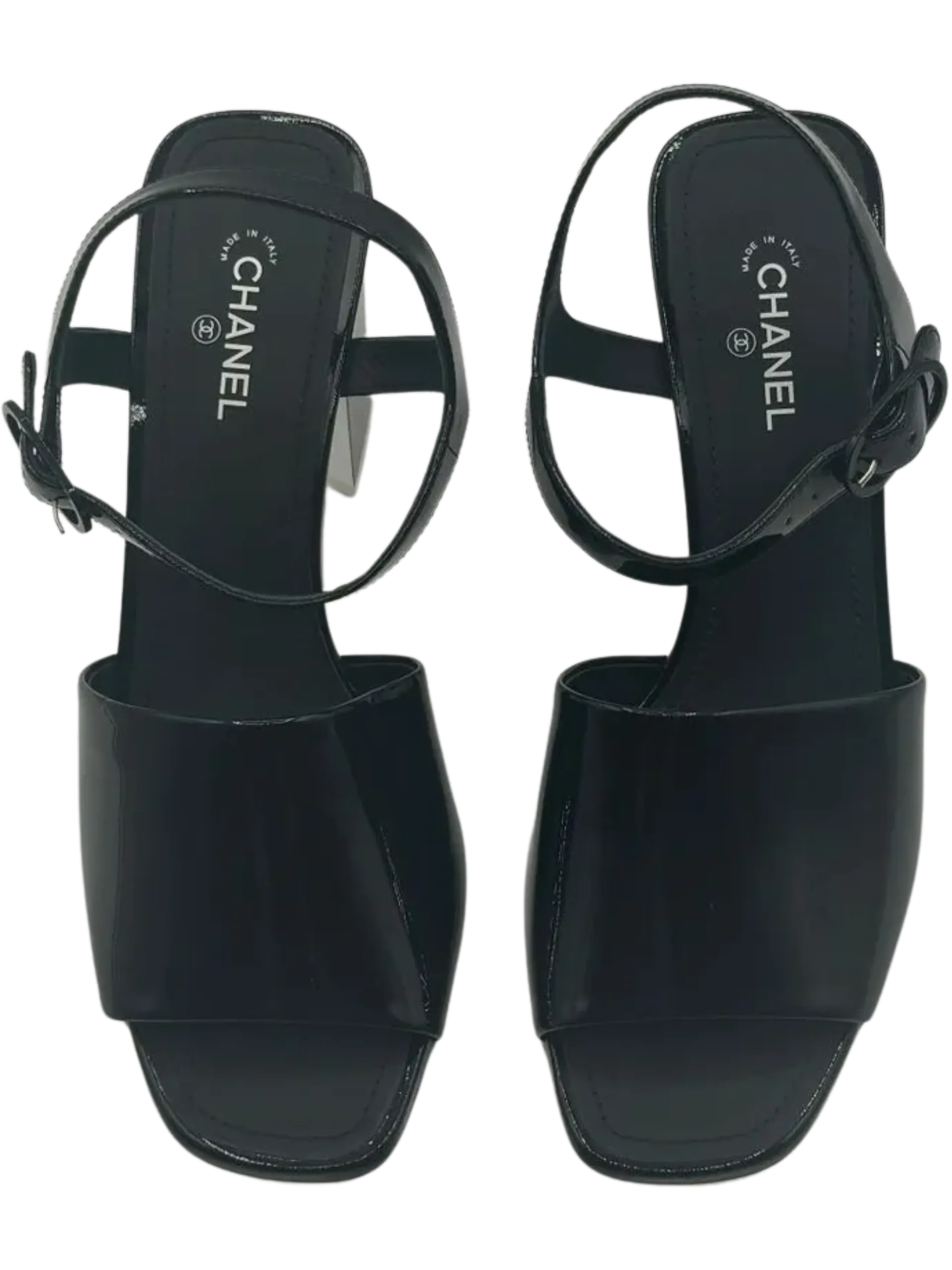 Chanel Black Patent Leather CC Block Heel Ankle Strap
