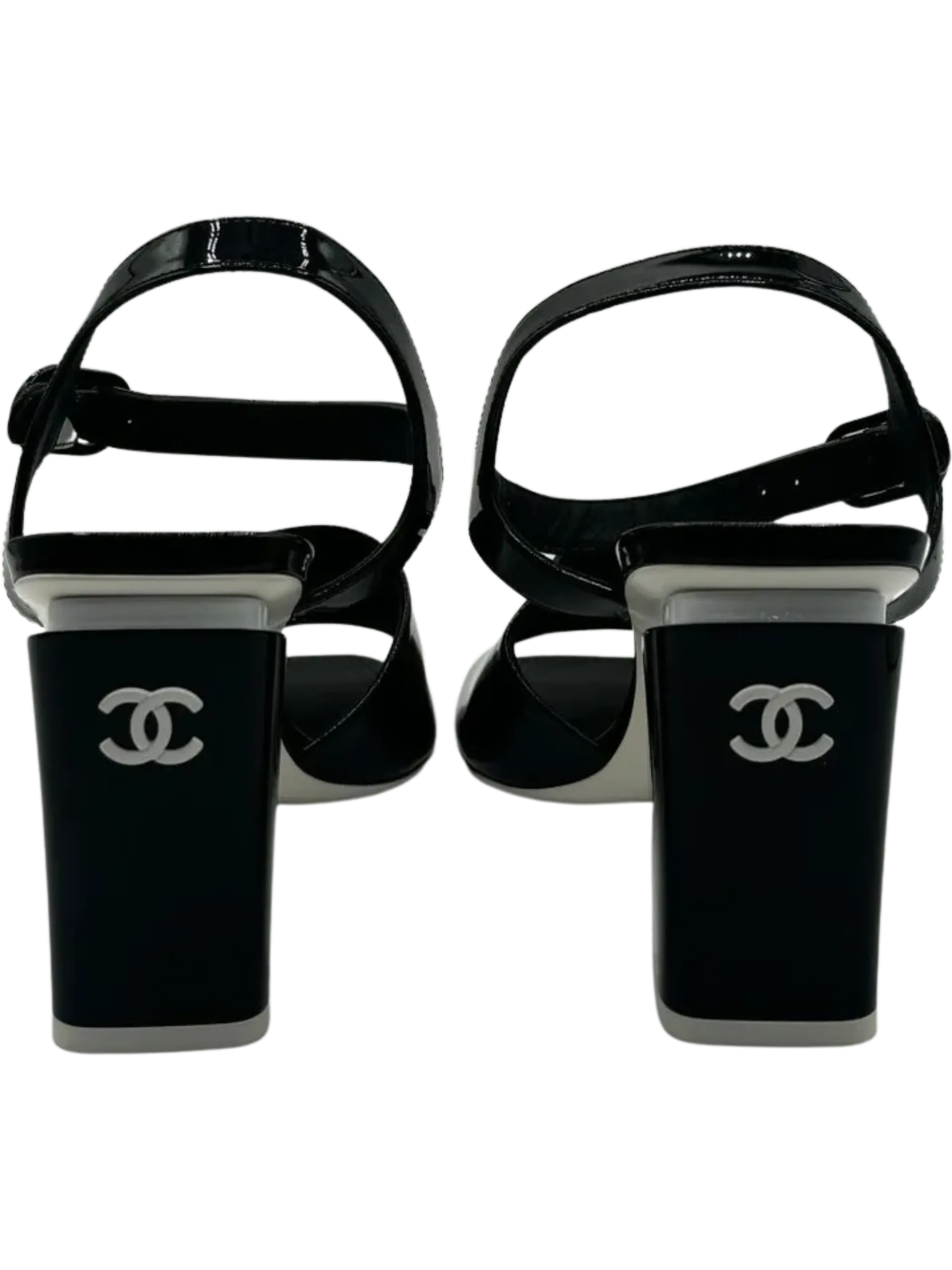 Chanel Black Patent Leather CC Block Heel Ankle Strap