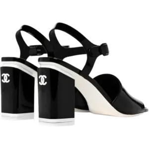 Chanel Black Patent Leather CC Block Heel Ankle Strap