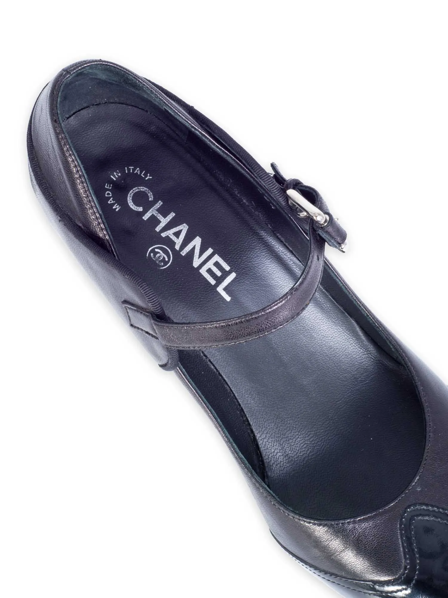 CHANEL CC Logo Mary Jane Cap Toe Block Heels Black