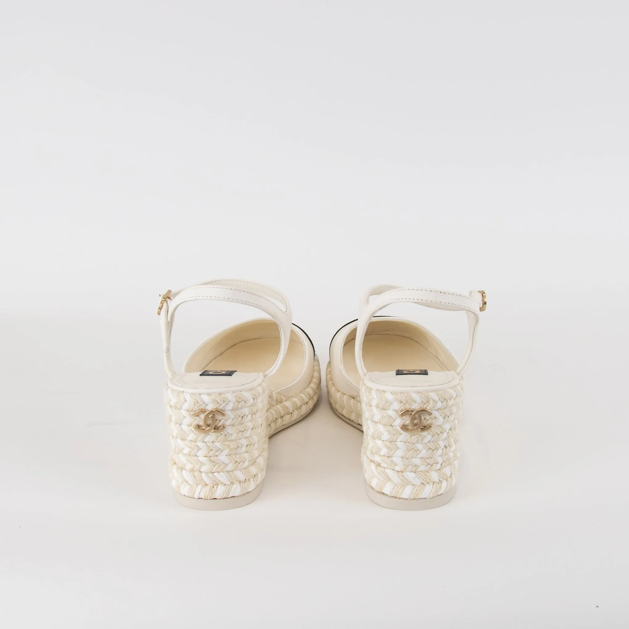 Chanel White Black CC Toe Espadrilles Wedge Shoes