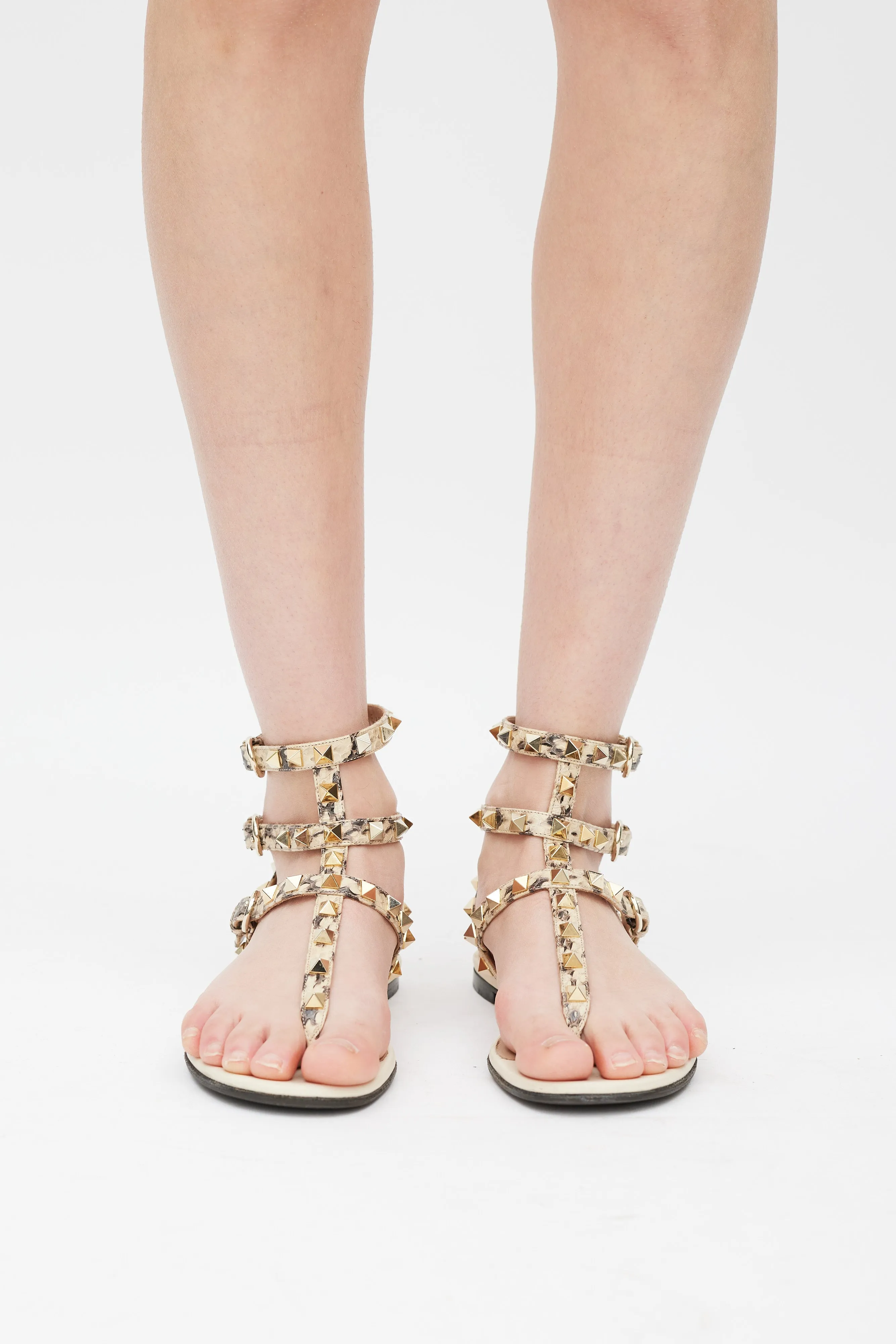Cream & Grey Textured Leather Rockstud Caged Sandal