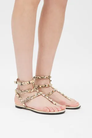 Cream & Grey Textured Leather Rockstud Caged Sandal