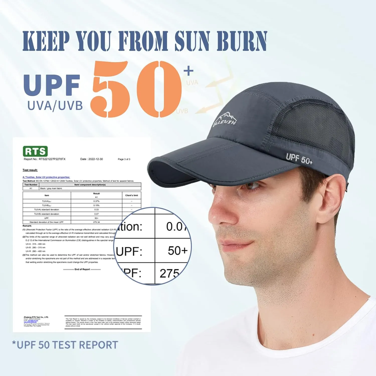 ELLEWIN Unisex Baseball Cap UPF 50 Unstructured Hat with Foldable Long Large Bill