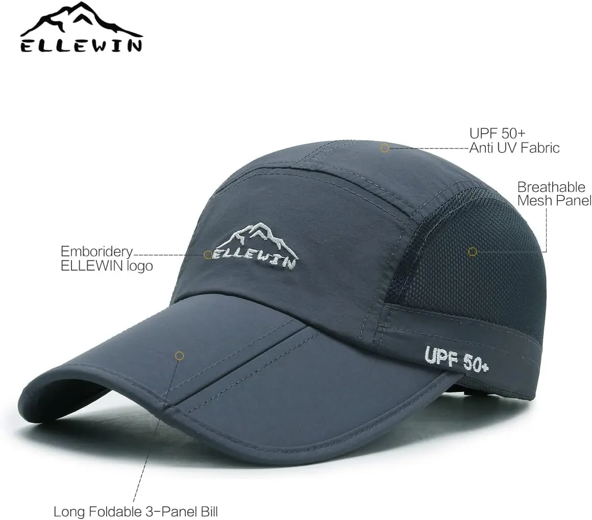 ELLEWIN Unisex Baseball Cap UPF 50 Unstructured Hat with Foldable Long Large Bill