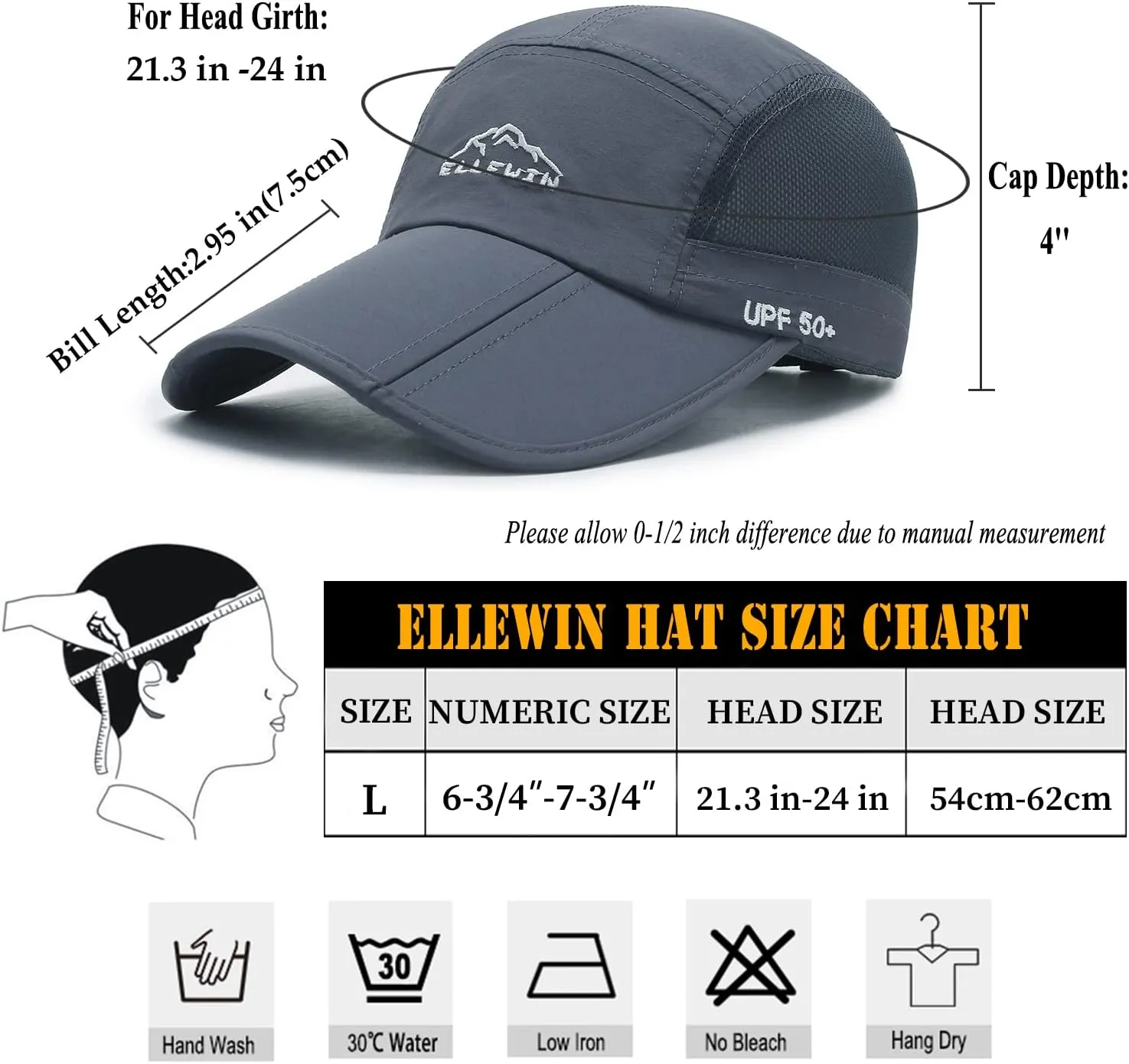 ELLEWIN Unisex Baseball Cap UPF 50 Unstructured Hat with Foldable Long Large Bill