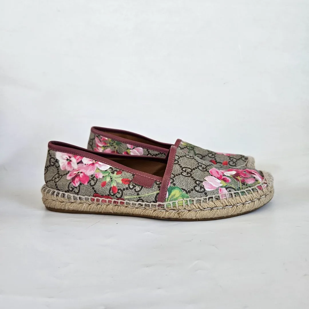 Gucci Beige/Brown GG Supreme Bloom Canvas Espadrille Flats, 38.5
