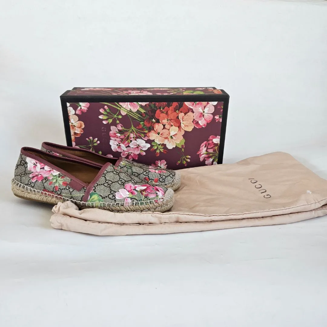 Gucci Beige/Brown GG Supreme Bloom Canvas Espadrille Flats, 38.5