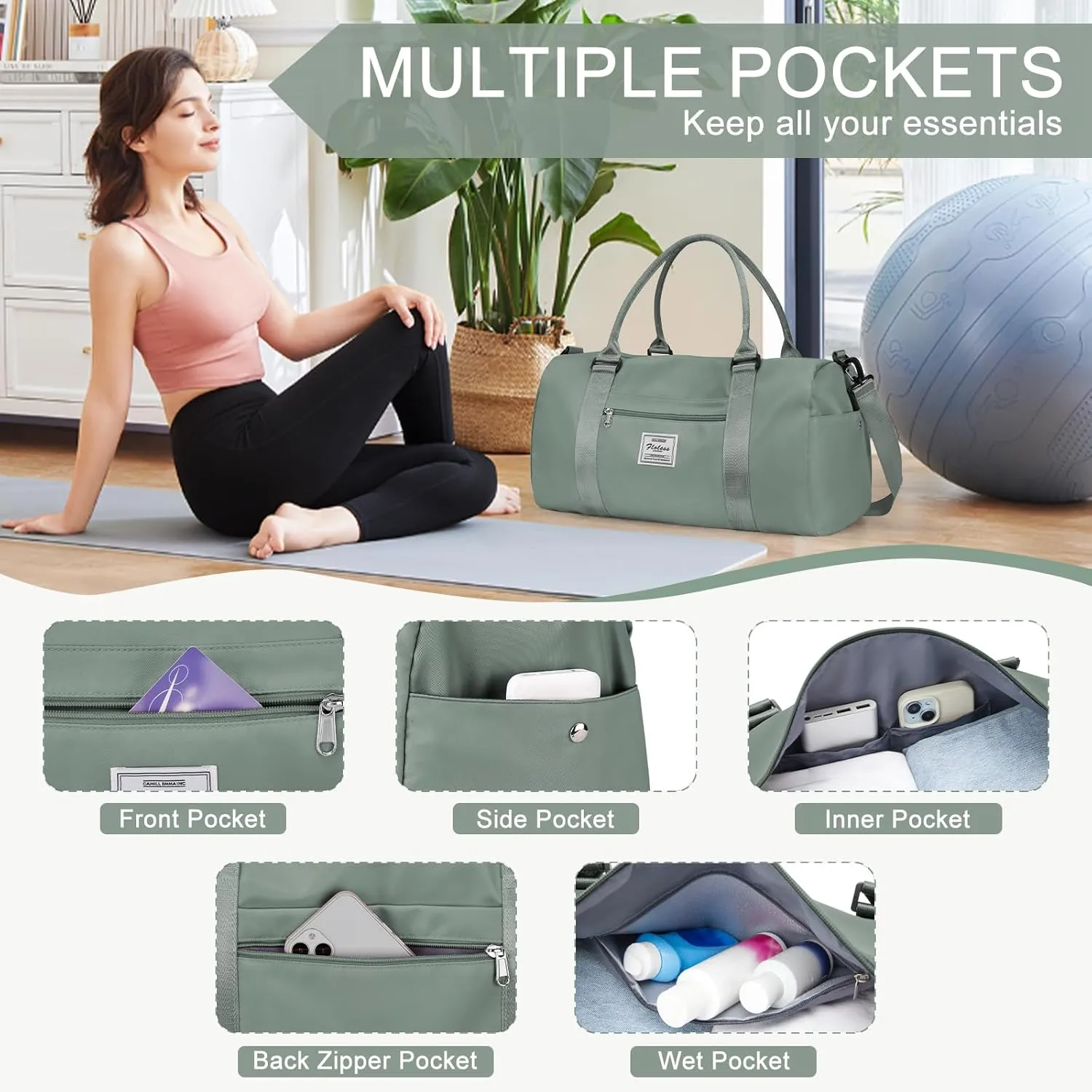Gym Bagsfor Women Men with Shoes Compartment Sports Duffle Bag Personal item travel Duffel Bags Tote Bags Small Carry on Weekender Overnight Bags Workout Dance Bag Hospital Holdalls Dark Green