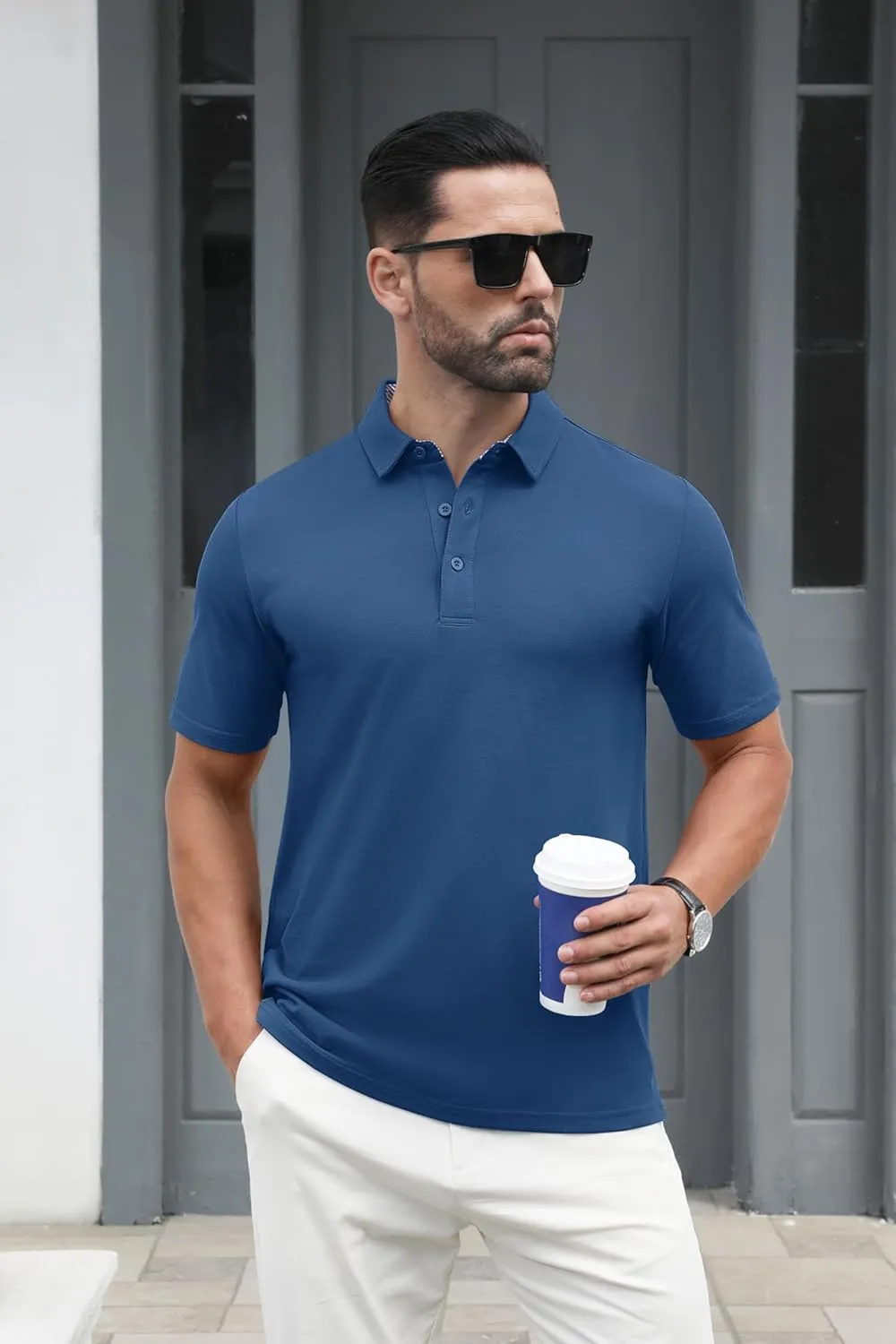MAGCOMSEN Men's Polo Shirts Short Sleeve Cotton Pique 3 Button Classic Fit Casual T-Shirt Performance Golf Shirts
