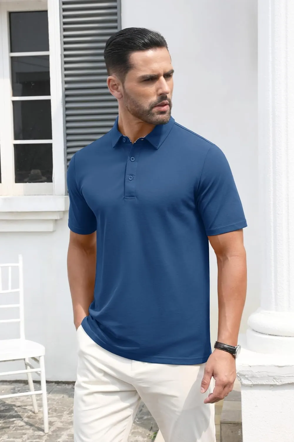 MAGCOMSEN Men's Polo Shirts Short Sleeve Cotton Pique 3 Button Classic Fit Casual T-Shirt Performance Golf Shirts