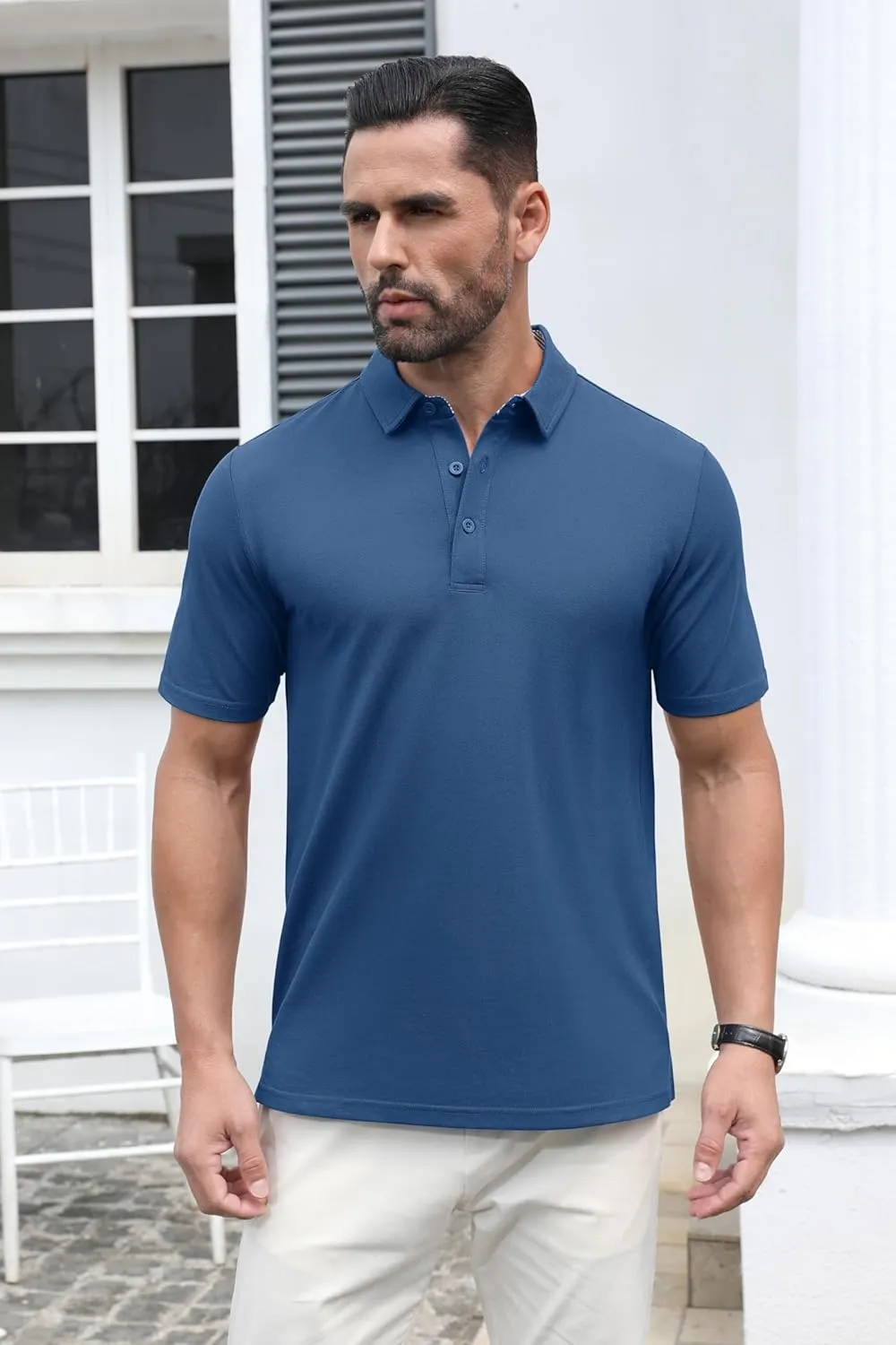 MAGCOMSEN Men's Polo Shirts Short Sleeve Cotton Pique 3 Button Classic Fit Casual T-Shirt Performance Golf Shirts