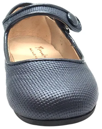 Manuela de Juan Girl's Diti Metallic Blue Textured Leather Classic Mary Jane Flats with Trim