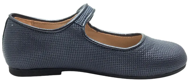 Manuela de Juan Girl's Diti Metallic Blue Textured Leather Classic Mary Jane Flats with Trim