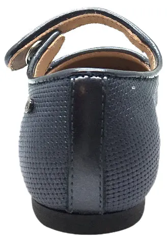 Manuela de Juan Girl's Diti Metallic Blue Textured Leather Classic Mary Jane Flats with Trim