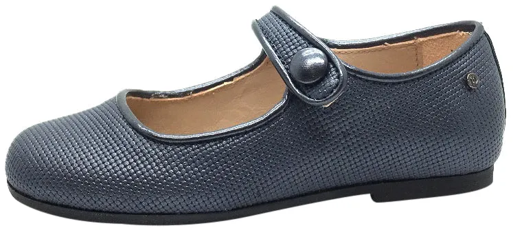 Manuela de Juan Girl's Diti Metallic Blue Textured Leather Classic Mary Jane Flats with Trim