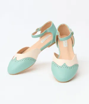 Mint & Cream Leatherette Saddle Mary Jane Flats